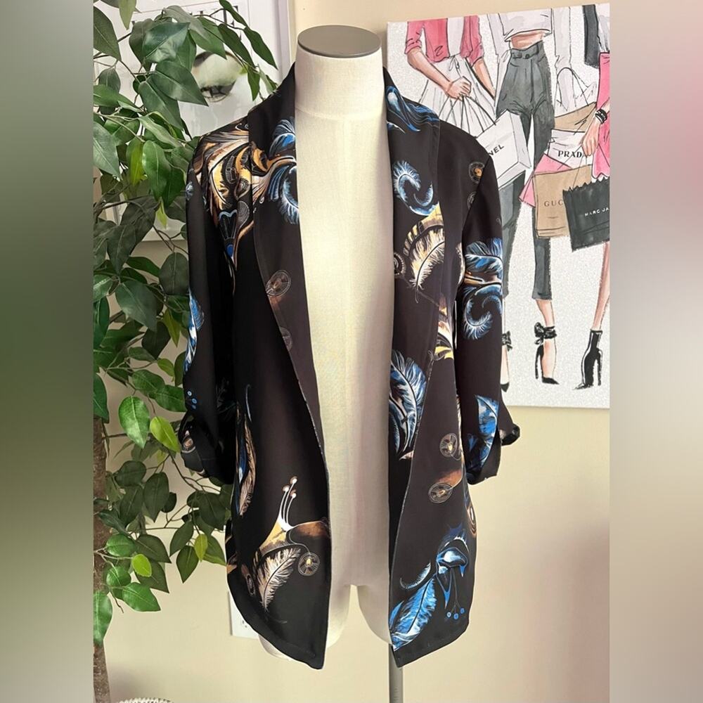 Aritzia Babaton Black Feather Print Whimsigoth Oversize Blazer Jacket Sz XXS
